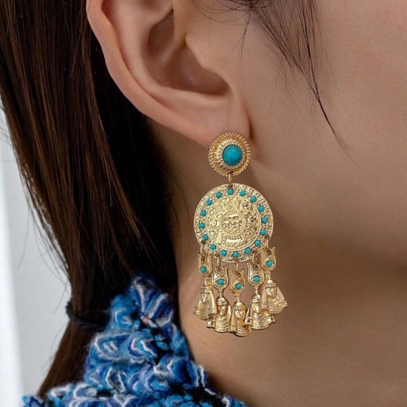 2/$30🌵 Blue Stone Gold Pharoah Egyptian Earrings Tribal Jewelry Gift Boho NEW - Picture 11 of 12